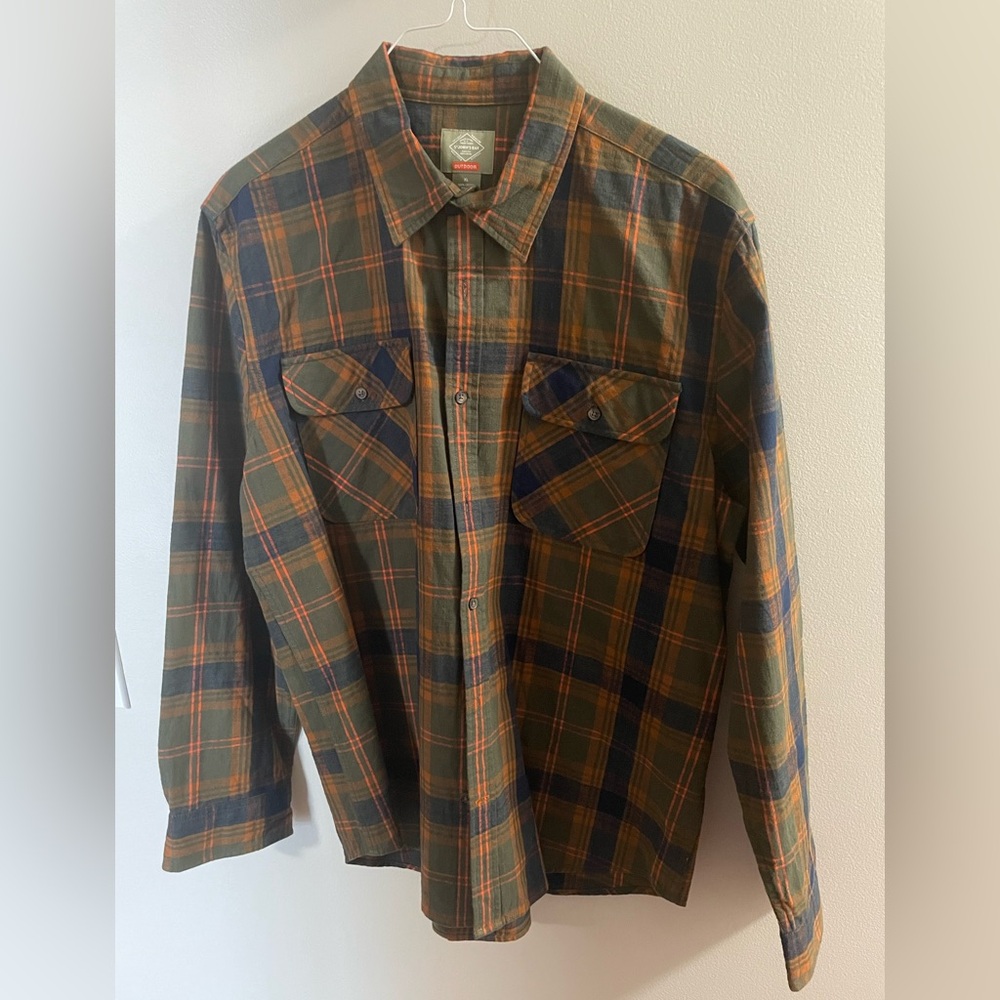 St. John's Bay Outdoor Plaid Long Sleeve Collared Shirt Green and Orange XL